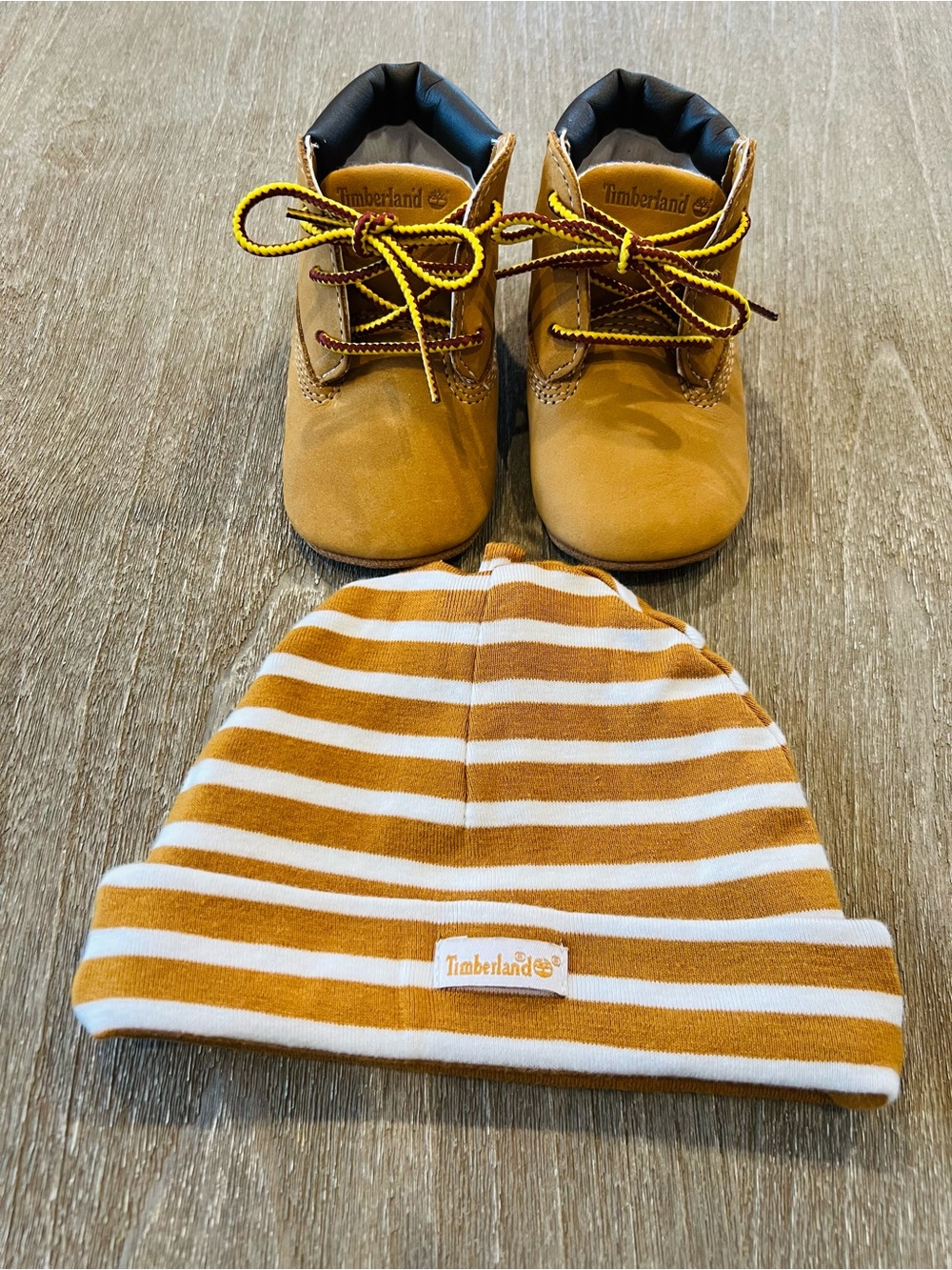 Timberland NWOT Infant Timbs Booties and Striped Beanie